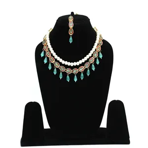 Ensemble de bijoux fins plaqués or 24 carats Kundan, collier vert clair avec pierre Monalisa pour cadeau - Product Image 3