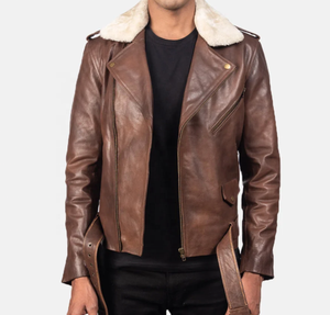 Veste en cuir véritable marron pour homme avec col en fausse fourrure, coupe-vent, style motard, manteau d'hiver, coupe classique - Product Image 1
