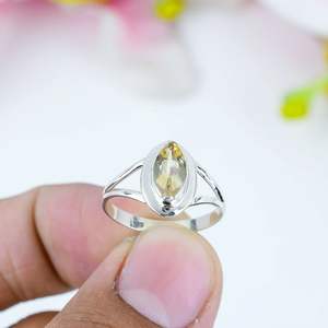 Anillo fino clásico de Plata de Ley 925 con piedra preciosa de corte Marquesa citrino para bodas, compromiso, aniversario o fiestas - Product Image 3