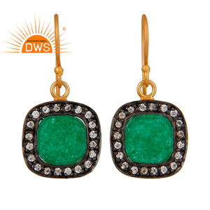 Boucles d'oreilles en aventurine verte CZ, bijoux de mode, fabricant, designer, boucles d'oreilles pendantes en laiton plaqué or, collection classique - Product Image 3