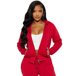 Ensemble survêtement décontracté pour femme, sweat à capuche rouge et pantalon de jogging, imprimé couleur unie, fermeture éclair intégrale, manches longues, polaire, pour l'hiver et l'automne - Product Image 3