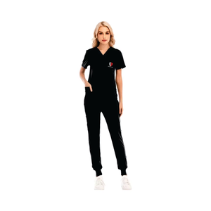Chemise à col en V en tissu éponge Spandex noir pour femmes et pantalon à cordon Ensemble d'uniformes de gommage d'été pour hôpital - Product Image 1