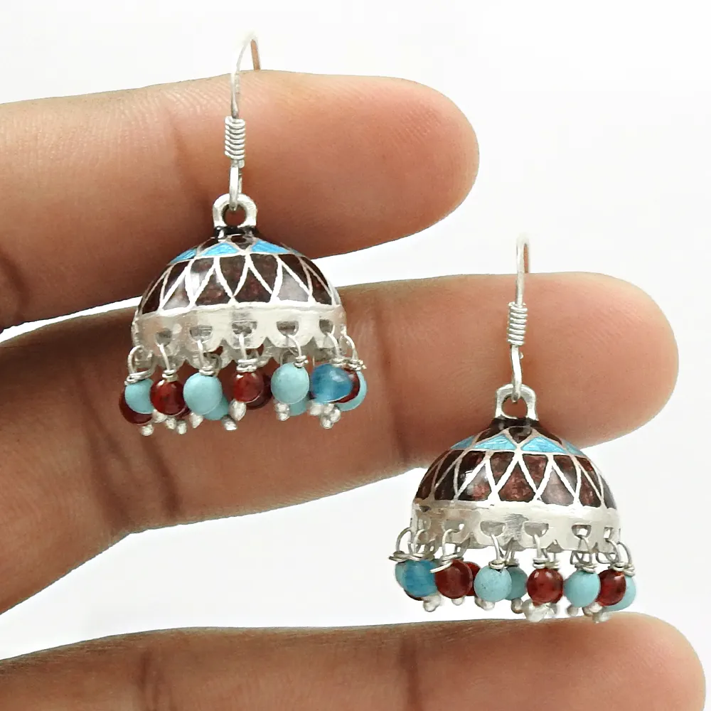 Garnet turquoise enamel blue topaz gemstone jhumka women earring 925 sterling silver jewelry handmade fine earrings