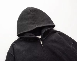 Wholesale Washed <b>Black</b> Full <b>Zip</b> <b>Hoodie</b> for <b>Men</b> Retro Style Heavyweight Fleece Jacket with Adjustable Hood and Front Pockets - Product Image 5