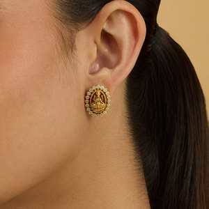 Silver Temple Trendy Vintage Stud Hoop <b>Earrings</b> 178082-Stainless Steel Brass Bezel Setting Pearl Inlay Religious <b>Hook</b> Pattern - Product Image 2