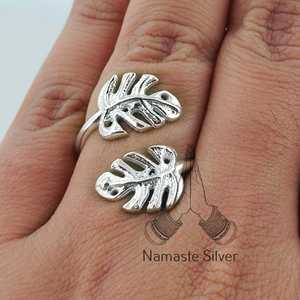 Adjustable Boho Style Monstera Leaf Sterling <b>Silver</b> <b>Statement</b> <b>Ring</b> Birthday Anniversary Gift for Palm Plant Lovers Handmade - Product Image 2