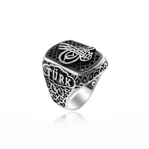 Anillo de hombre Beelo Silver de plata de ley 925 con ónix y tugra otomana, engaste de barra, patrón antiguo del Imperio Otomano, ¡el más vendido! - Product Image 2