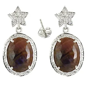Boucles d'oreilles pendantes en argent 925 vintage pour femmes, saphir étoile, plaqué or avec perle et diamant pour les mariages et les fêtes - Product Image 3
