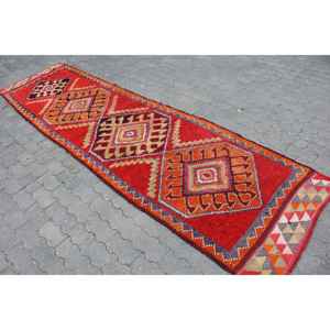 Vintage Turkish Rug, 3x12 ft Herki Rug, <b>Red</b> <b>Runner</b> Check Rug - Product Image 2