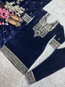 Terciopelo viscoso pesado puro de estilo pakistaní indio tradicional con Secuencia de bordado pesado trabajo trajes Salwar para mujer vestidos - Product Image 4