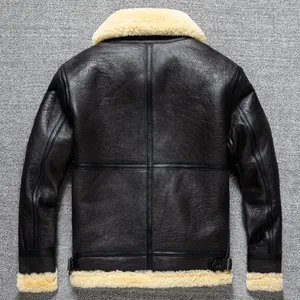 Custom Vintage <b>Pilot</b> Shearling Leather <b>Jacket</b> for Men Winter Flight Bomber Sheepskin Real Faux Fur Mandarin Collar - Product Image 5