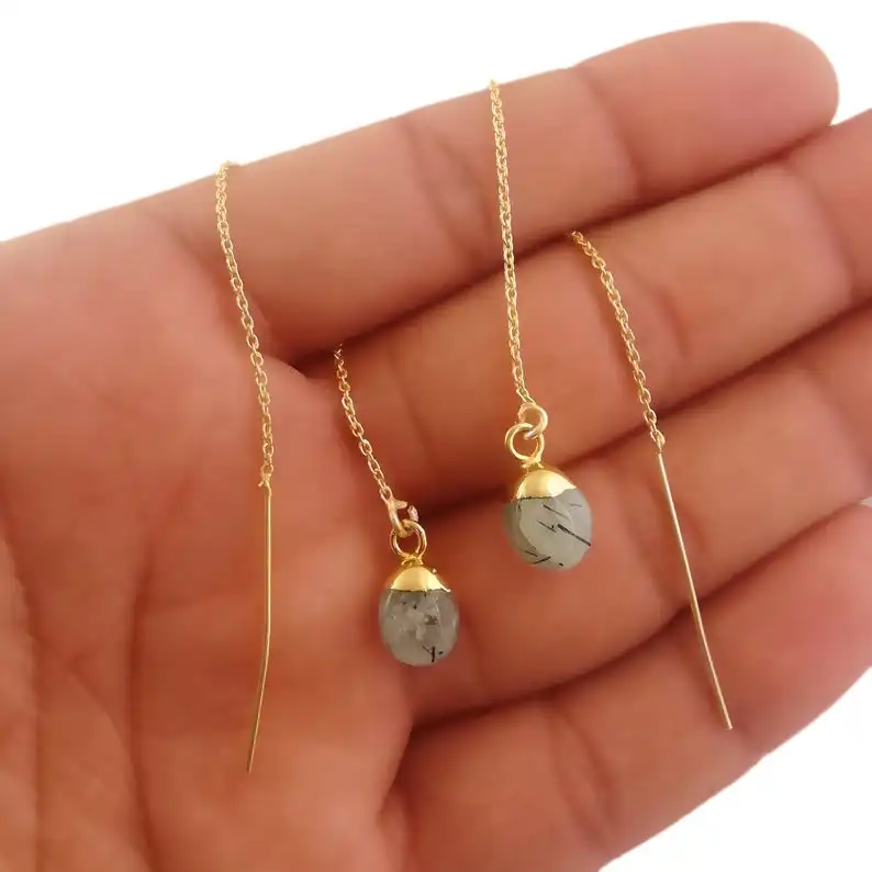 Natural Black Rutile Gemstone Tumble Gold Vermeil 925 Sterling Silver Drop Threader Earring Stone Size 8-10mm 925 Silver Earring