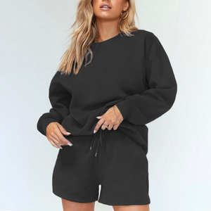 High Quality Autumn and Winter Solid Color Pullover Set <b>Long</b> Sleeved Sweatshirt And <b>Short</b> Set <b>Women's</b> Fashion Casual <b>Shorts</b> Set - Product Image 6