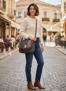 Sac bandoulière moderne en patchwork doux à imprimé ethnique, bordure tressée, fermeture magnétique torsadée, aspect fait main, pour femme - Product Image 2