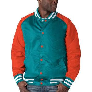 Chaqueta Bomber Varsity de satén verde azulado y naranja unisex, estilo béisbol, ropa de abrigo ligera brillante con puños acanalados a rayas y dobladillo - Product Image 2