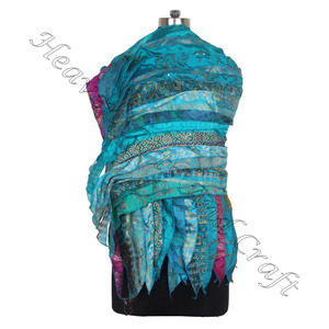 Écharpe Extra Longue 15 Bandes Belle Écharpe Longue Designer Recyclé Vente en Gros Fabricant de l'Inde Sari Patches Réversible - Product Image 3