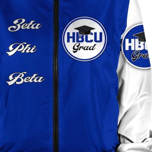 Giacca in Raso Blu e Bianco Zeta Phi Beta per Donne, Abbigliamento Greco Premium, Stile Varsity con Ricamo dello Scudo ZPB - Product Image 3
