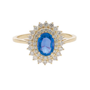 Anillo de Halo ovalado de zafiro azul y diamante natural de oro de 14 quilates, anillo de declaración de lujo de inspiración vintage para mujer impresionante - Product Image 1