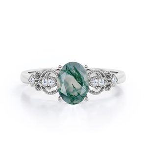 Moss Green Agate 925 <b>Silver</b> Classic Engagement Ring Custom Engraved Swirly Design Gold Plated Gemstone Prong Setting Ring - Product Image 1