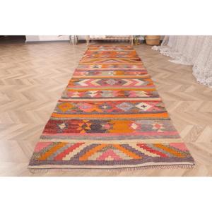 3.1x10.8 ft Vintage <b>Rug</b>, Turkish <b>Runner</b> <b>Rug</b>, Orange Pink Bordered Wool <b>Rug</b> - Product Image 2