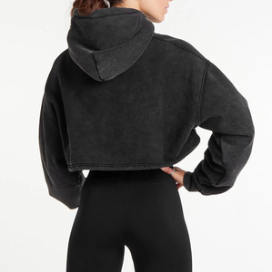 Sweat à capuche court de haute qualité, lavage à l'acide, imprimé personnalisé, 100% coton, sweat à capuche court d'hiver pour femmes - Product Image 2