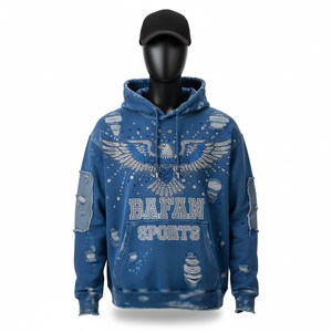 Sweat à capuche en molleton de coton premium 380GSM avec panneaux de patchwork bleu délavé, logo d'aigle en strass, personnalisation de base, sweat à capuche - Product Image 1