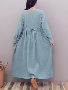 เดรสแม็กซี่แขนยาวมีกระดุมด้านหน้าสำหรับผู้หญิงเดรสลูกไม้หยักพิมพ์ลายคอกลมสวย - Product Image 2