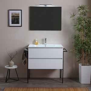 Mueble de Baño Minimalista de Dos Piezas de Cerámica BELIZE de 80 cm, para Colgar en la Pared, con Lavabo, Espejo y Toallero Lateral - Product Image 2
