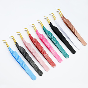 Best Seller Black <b>Glittered</b> Color 45 Degree Volume Shape Fiber Pointed Tip Tweezers Eyelash Extension Tweezers Private Label - Product Image 4