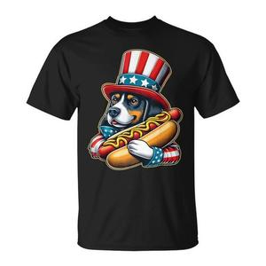T-shirt patriottica con bandiera americana per il 4 luglio, con cane hotdog - Product Image 1