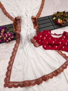 Elegante Sari de borde rojo con intrincados adornos de lentejuelas Chikankari Zari Sari para bodas y fiestas niñas - Product Image 2