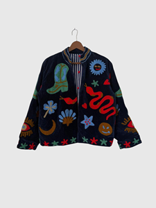 Hand Embroidered Velvet Bomber <b>Jacket</b> Mandarin Collar Full Sleeve Adult Autumn Wear <b>Patchwork</b> Design - Product Image 4