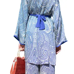 Long Pants Blue and White Summer and Spring Made in Italy Luxury Design Robe Printed Belted Wrap Elegant Casual High Quality