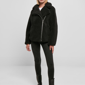 Veste moto en polaire noire pour femme, fermeture éclair asymétrique, vêtement d'extérieur en sherpa, manches longues, chaude, douce, élégante, décontractée, mode automne-hiver - Product Image 2