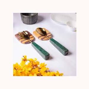 Wholesale Vintage Gold Plated Stainless Steel Cutlery Set Long <b>Block</b> <b>Shape</b> Green Marble Handle Back School Sustainable Handmade - Product Image 1