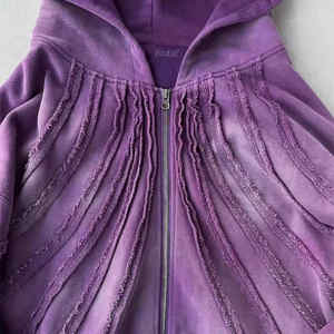 Wholesale Custom Applique Design French Terry 100% Cotton Men's <b>Hoodie</b> <b>Vintage</b> High Quality Distressed Acid Wash <b>Zip</b> <b>up</b> <b>Hoodie</b> - Product Image 2
