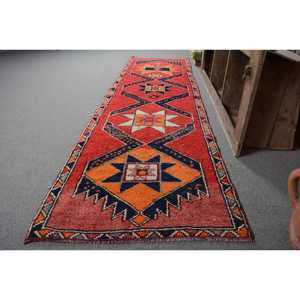 Vintage <b>Runner</b> Rug 3.1x10.6 ft, <b>Red</b> Polka dot Turkish Wool Rug - Product Image 2