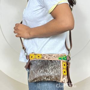 Sac bandoulière en cuir de vachette véritable de qualité supérieure, fait main, avec poignet, motif tournesol, petit sac bandoulière en cuir véritable pour femmes - Product Image 1