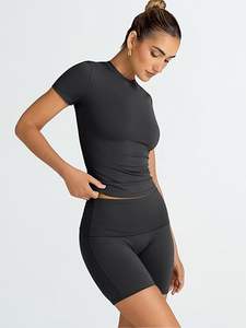 Nouveau style conception personnalisée Logo impression par transfert de chaleur grande taille étanche femmes 2 pièces ensembles d'entraînement tenues de gymnastique courtes ensemble de yoga - Product Image 2