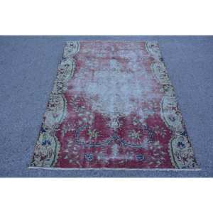 Tapis vintage turc classique rouge beige 4.1x5,3 pieds Patchwork motif abstrait laine latex pour couloir de chambre d'ado - Product Image 1