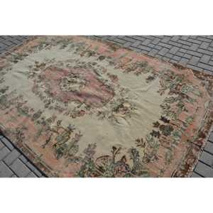Vintage Rug 6x9.7 ft, <b>Brown</b> Pink Floral <b>Wool</b> Turkish Rug - Product Image 4