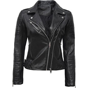 Black Biker Quality Price Premium Quality Custom Design Adult Size Women Genuine Leather <b>Jacket</b> <b>Ladies</b> Leather <b>Jacket</b> - Product Image 1