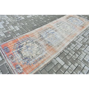 Tapis turc vintage 3,2 x 10,1 pieds, tapis de couloir, tapis persan en laine orange et bleu - Product Image 2