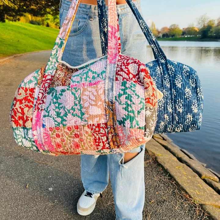Manufacturer and Wholesaler Large Cotton Weekender Travel Bag Handmade Quilted Fabric Duffle Bag Block Printed Overnight Bags