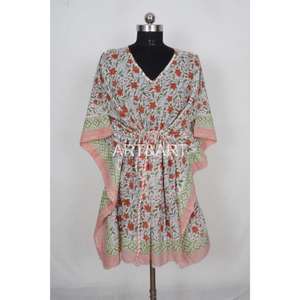 Estampado floral coreano con cuello en V elegante caftán corto de algodón cubrir verano playa 100% algodón encaje decoración cintura Natural - Product Image 1