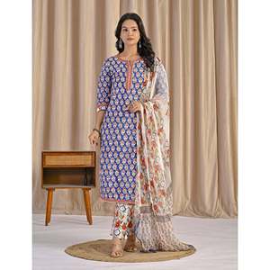 Blue Hand Drawn <b>Block</b> <b>Printed</b> Cotton Anarkali Kurta Pant Set Indian Style Soft Ethnic Wear for Daily Party Wear Net Fabric - Product Image 2