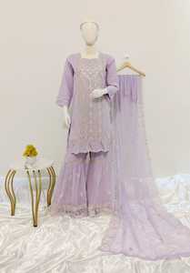 Vêtements indiens pakistanais en mousseline de soie entièrement lourde brodée Anarkali Daman manches brodées coupe bordure 50 pouces Ghera dentelle - Product Image 3