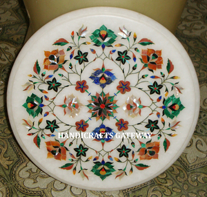 Exclusive <b>Round</b> Shape <b>White</b> Marble Inlay Work Design Best Mother Of Pearl Handmade Coffee & <b>Dining</b> <b>Table</b> Tops Restaurant Purpose - Product Image 1