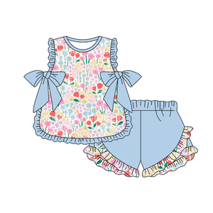 Preordina Set Estivo per Bambine con Top a <span class=keywords><strong>Fiori</strong></span> e Fiocchi, Pantaloncini con Volant, Abbigliamento <span class=keywords><strong>Boutique</strong></span> per Bambini e Neonati, Completi Sportivi Morbidi - Product Image 4