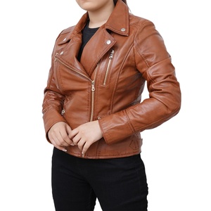 Chaqueta Unisex de Cuero Genuino Acolchado Marrón, Estilo Motero, Largo Regular, Cierre Asimétrico, Cuello Solapa, Impermeable, para Invierno - Product Image 1